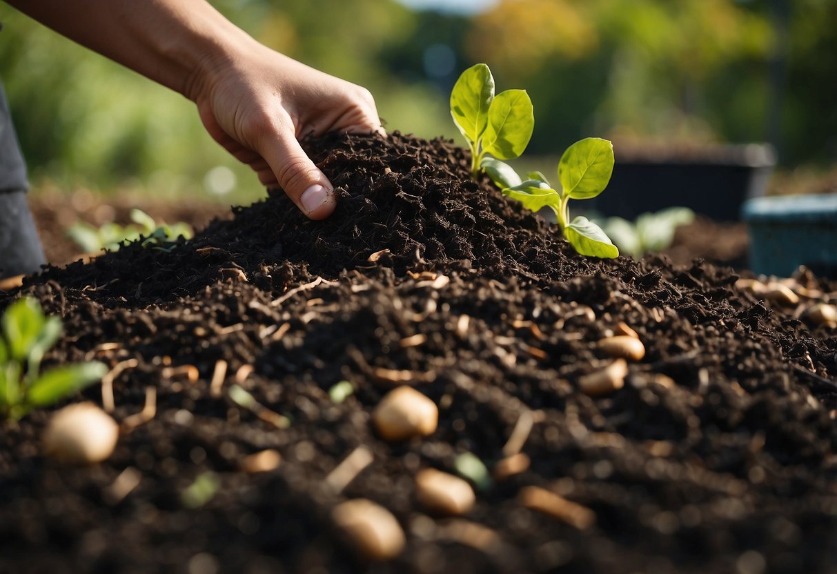 A compost pile is being tended to, with layers of organic material being turned and mixed. A beginner's guide to composting is visible nearby