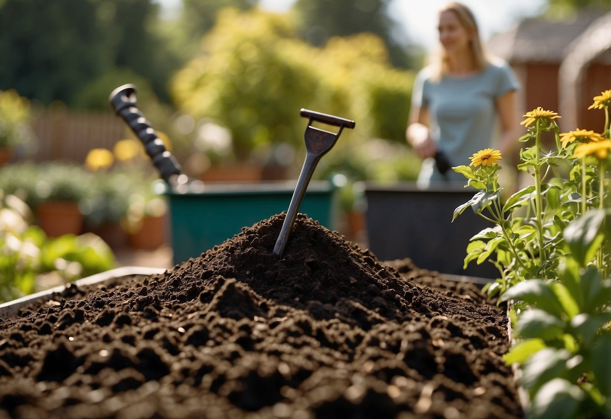 A garden scene with compost being applied to soil, plants thriving. Compost bin in background, gardening tools nearby. Bright, sunny day with birds chirping