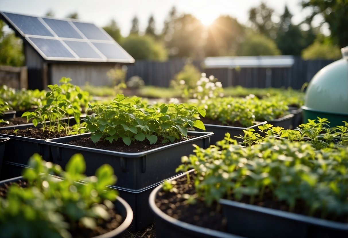 A garden with solar panels, compost bins, and rain barrels to reduce CO2 emissions. Planting trees and using organic fertilizers also help lower the carbon footprint