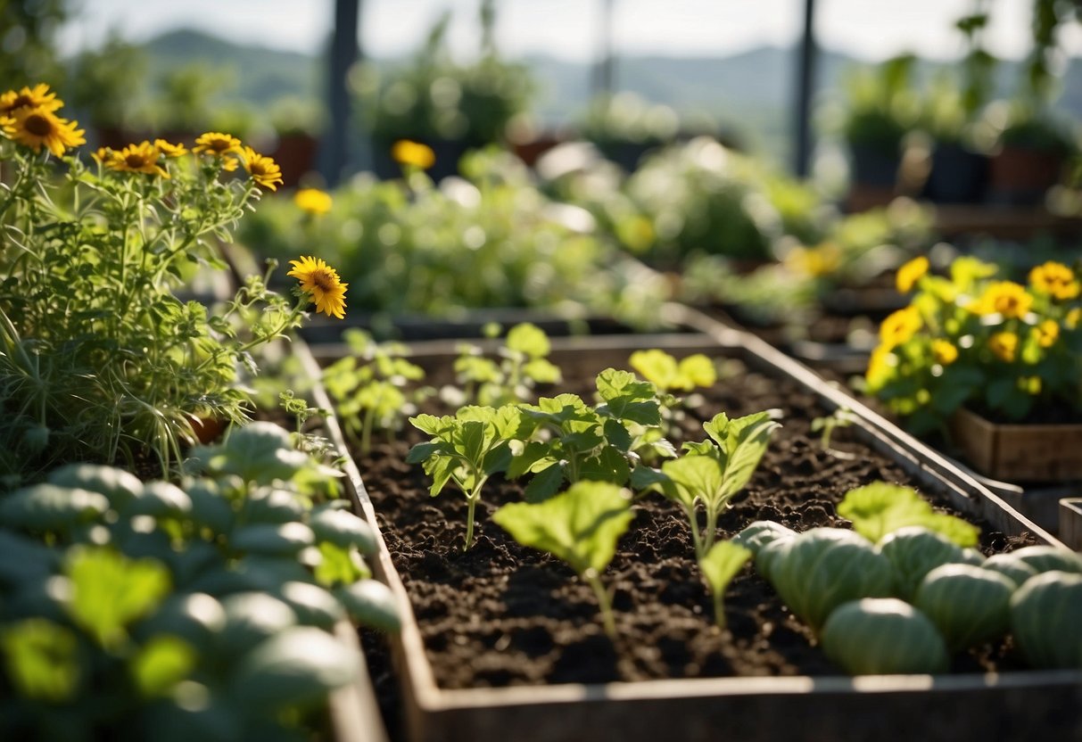 A garden with vegetables, fruits, and herbs growing. A small greenhouse and composting area nearby. Bees and butterflies buzzing around