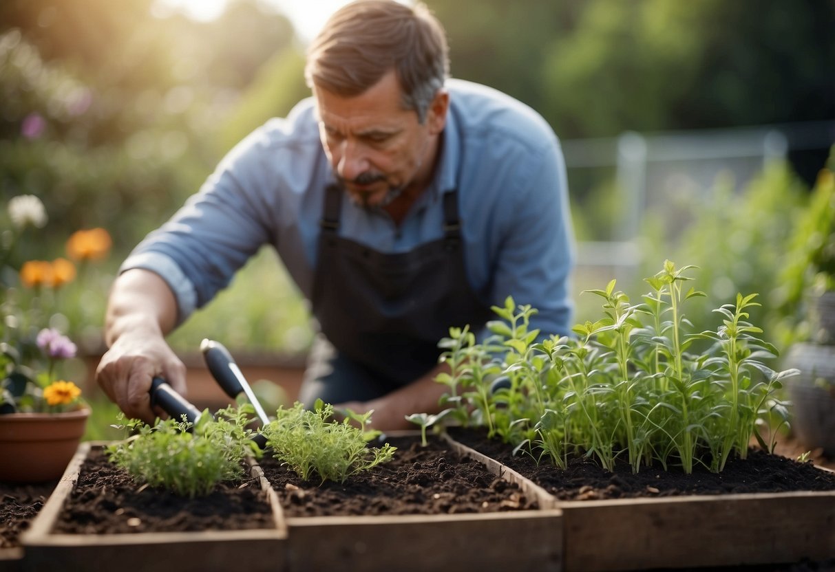 A person planting and tending to a herb garden, using tools to remove pests and solve gardening problems