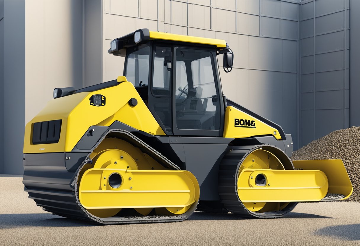 A Bomag 120 roller sits on a construction site, surrounded by piles of gravel and asphalt. The machine is compact and sturdy, with a vibrant yellow exterior