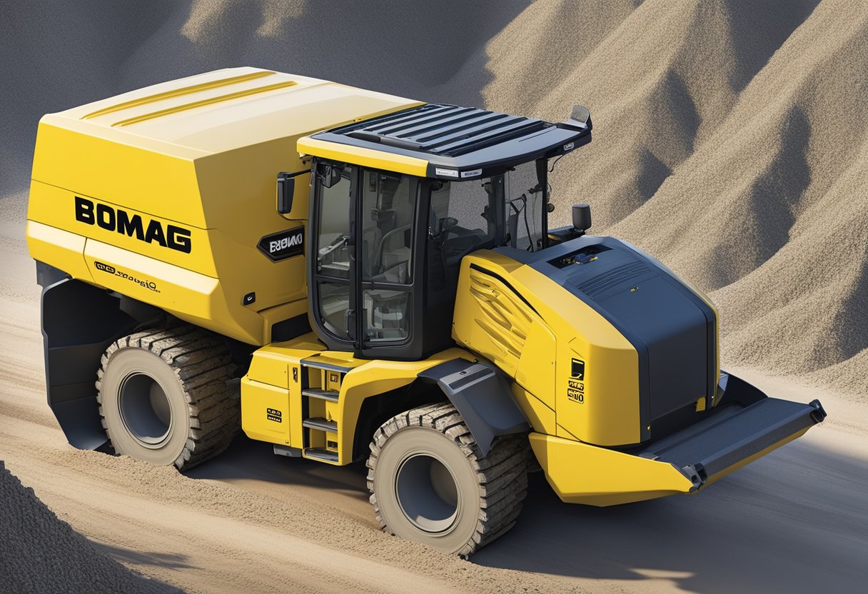 A Bomag BMP 8500 sits on a construction site, surrounded by piles of gravel and equipment. Its sleek design and specifications are visible in the details of its sturdy frame and powerful engine