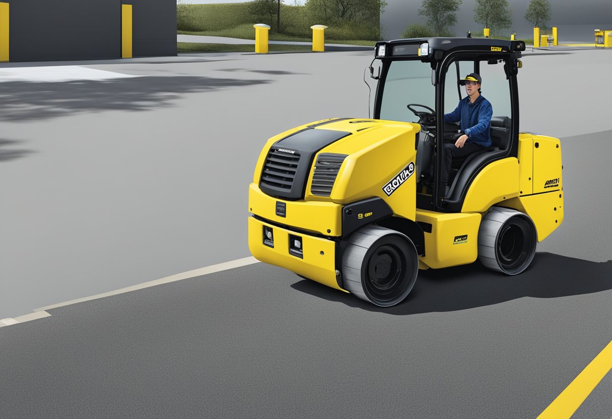 A Bomag BW120SL-5 compact roller moves across a smooth asphalt surface, leaving behind a trail of compacted and leveled pavement