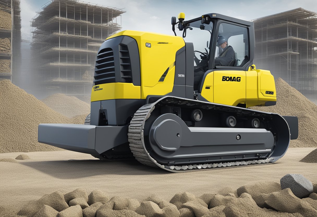 A Bomag BW120SL-5 roller sits on a construction site, surrounded by piles of gravel and a team of workers in the background