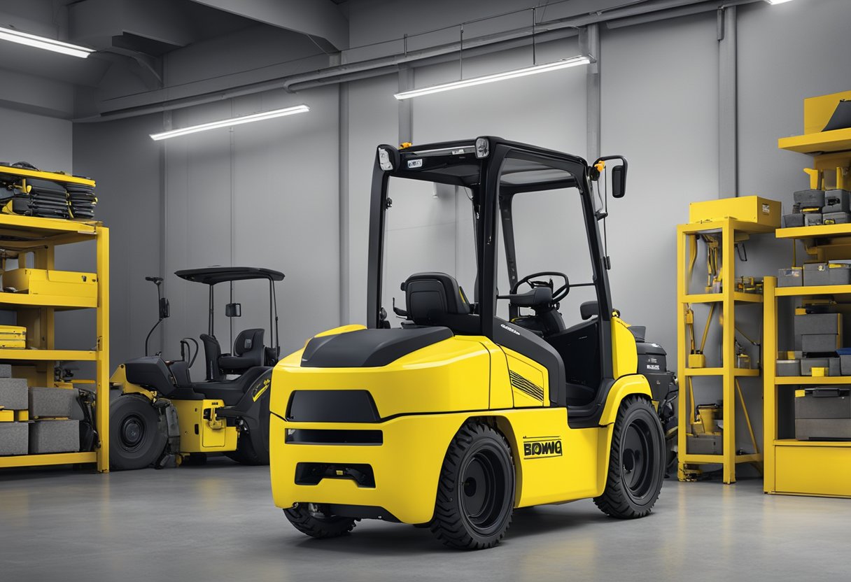 A Bomag BW120SL-5 roller is parked in a maintenance garage, with tools and equipment nearby for servicing