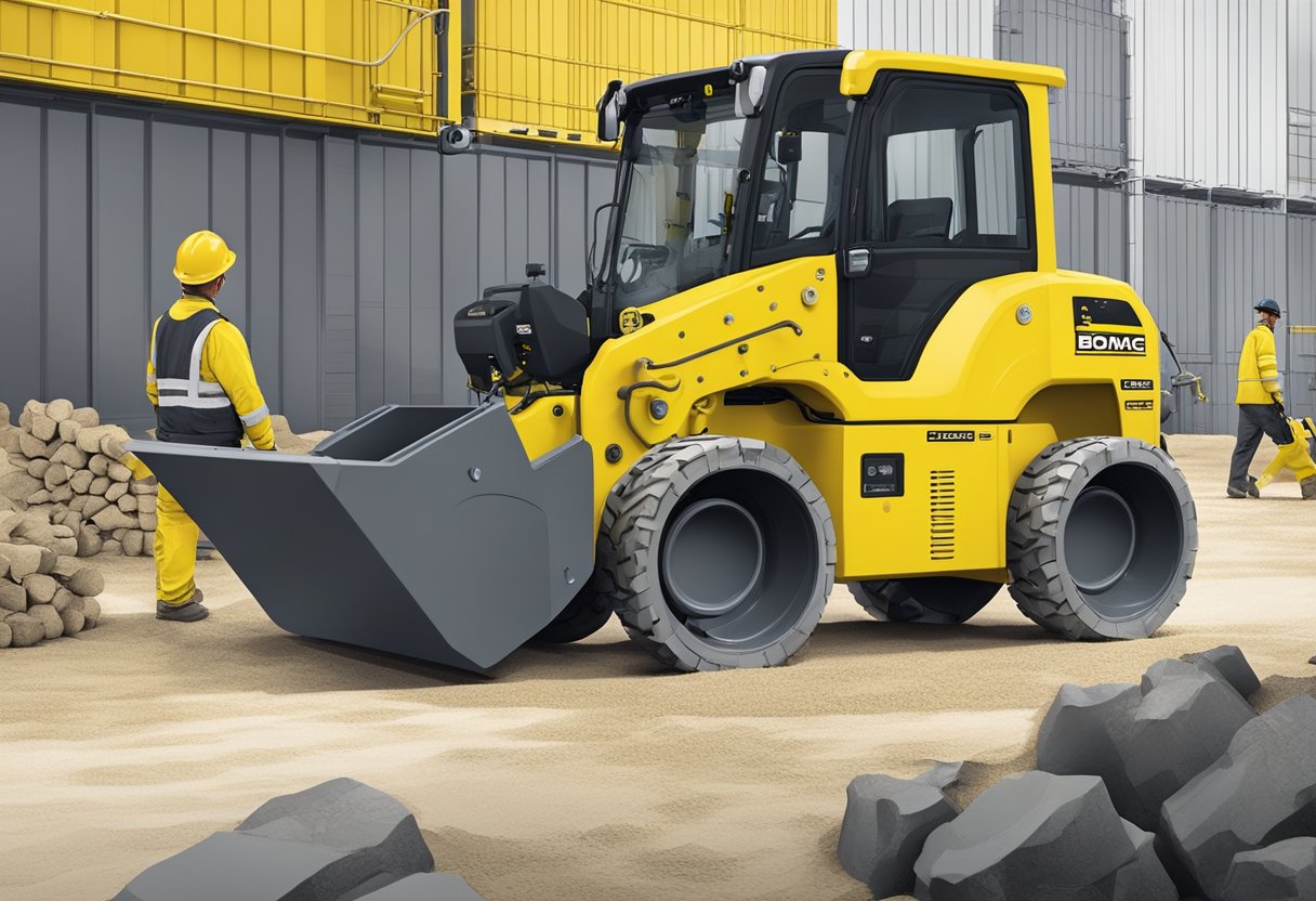 A Bomag BW120SL-5 roller sits on a construction site, surrounded by workers and equipment. The machine is compact and powerful, with a sleek design and vibrant yellow paint