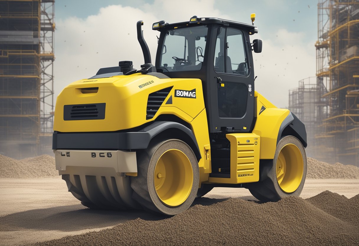 The Bomag BT65 compactor stands on a construction site, surrounded by piles of gravel and dirt. Its powerful engine hums as it prepares to compact the ground with its heavy roller