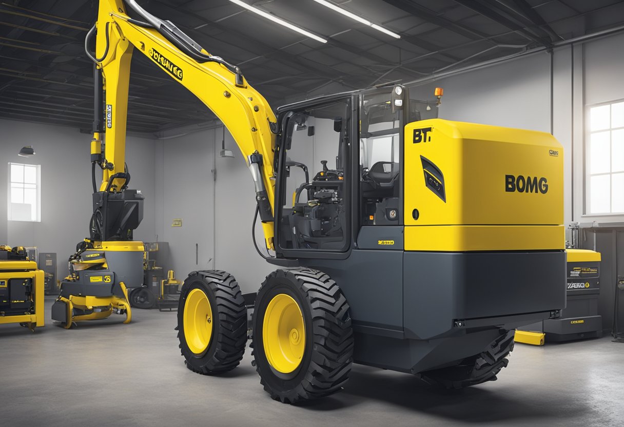 A Bomag BT65 compactor being serviced by a technician in a well-lit maintenance garage. Tools and equipment are scattered around the machine