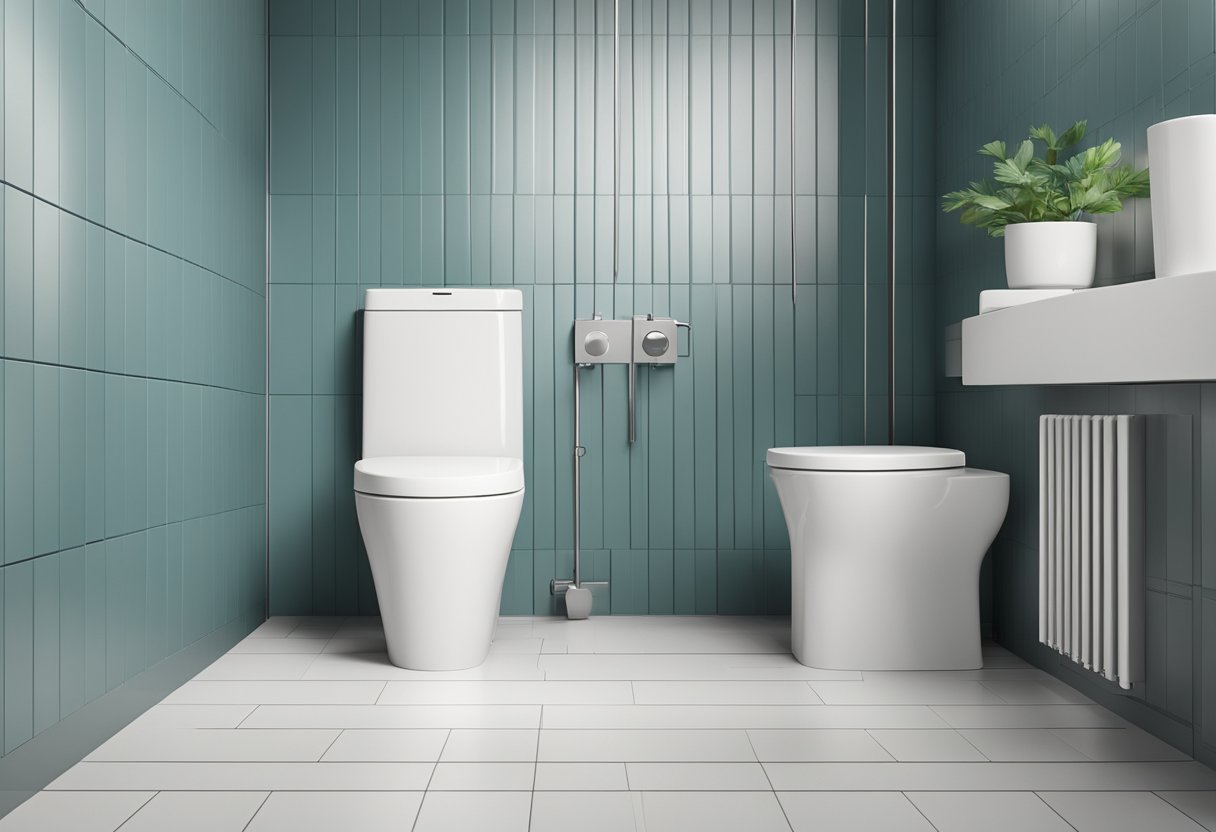 Beginners Guide to One Piece Toilets-A one-piece toilet sits against a tiled wall, with a sleek and modern design. The toilet bowl and tank are seamlessly connected, creating a seamless and compact appearance