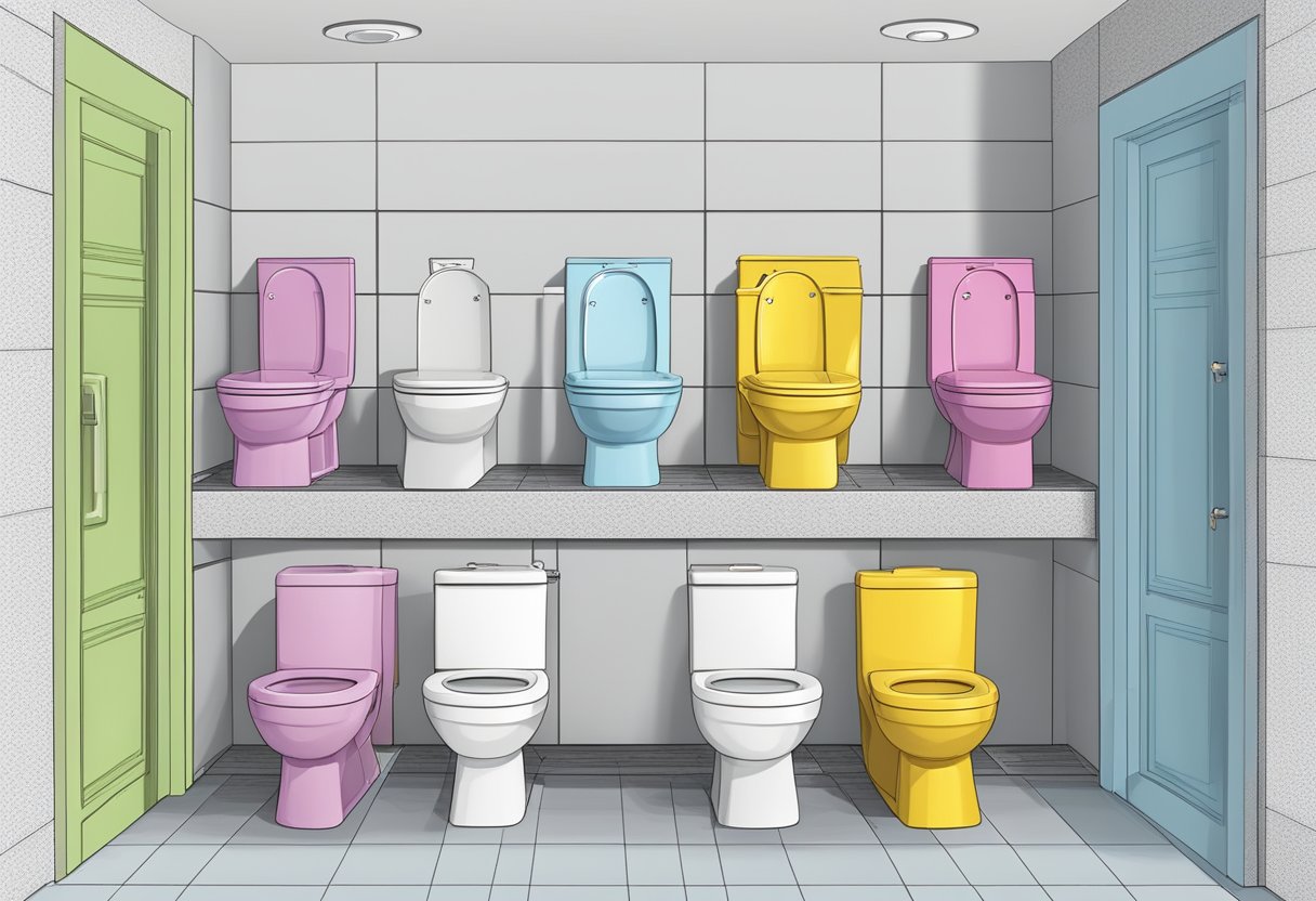 Beginners Guide to One Piece Toilets-A display of various one-piece toilets with labels and specifications, surrounded by a guidebook and measuring tape