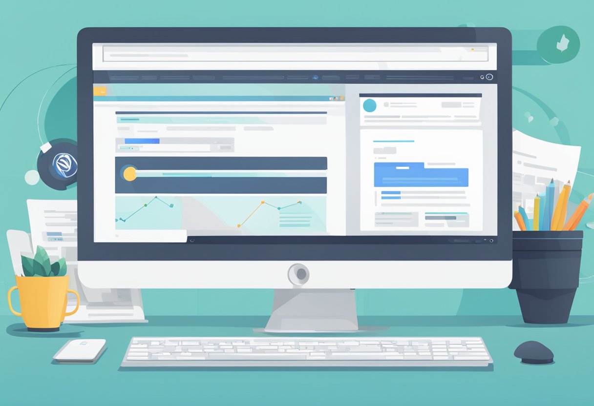 A computer screen displaying a sleek WordPress website with search engine optimization tools and a prominent 