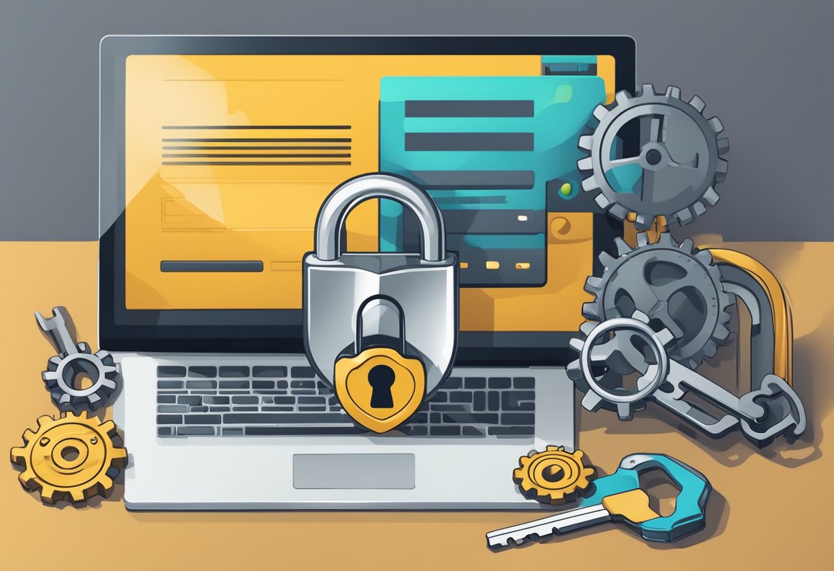 A lock and key symbolizing security, with a wrench and gear representing maintenance, surrounded by a computer screen displaying a sleek and professional WordPress website