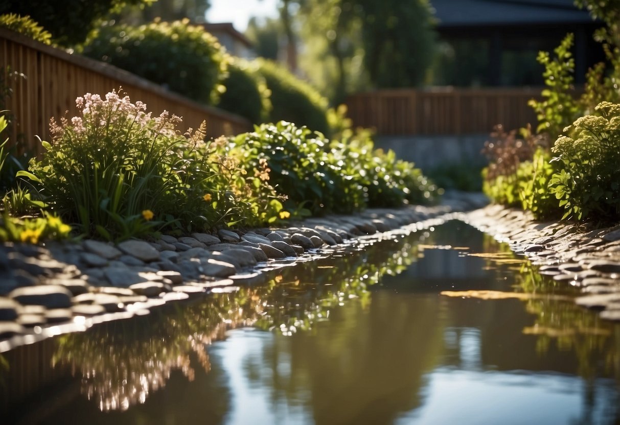 A garden with water recycling methods, showing cost efficiency and subsidies. No humans or body parts