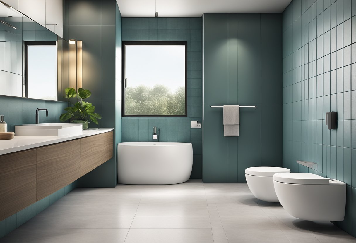 A Beginners Guide to Modern Toilet Designs-A sleek, minimalist toilet with clean lines and high-tech features. A wall-mounted design with a sleek, modern flush panel. Textured tiles and soft lighting complete the contemporary bathroom setting