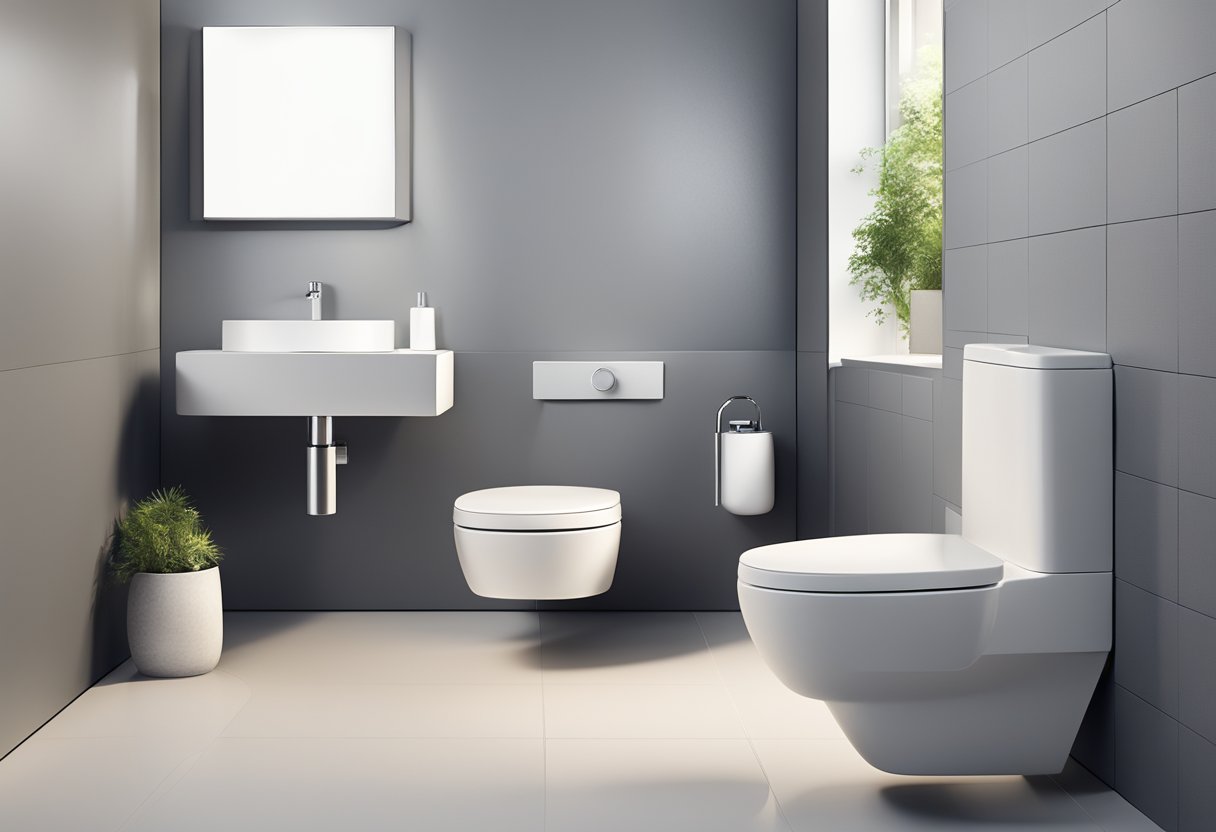 A sleek modern toilet with minimalist fixtures and accessories, including a wall-mounted toilet, a stylish sink, and a sleek toilet paper holder