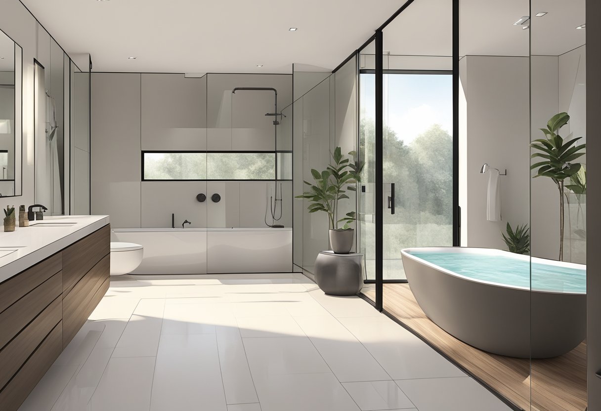 A sleek, minimalist bathroom with clean lines, neutral colors, and modern fixtures. A large, frameless mirror reflects the contemporary design, while a freestanding tub and a walk-in shower add luxury