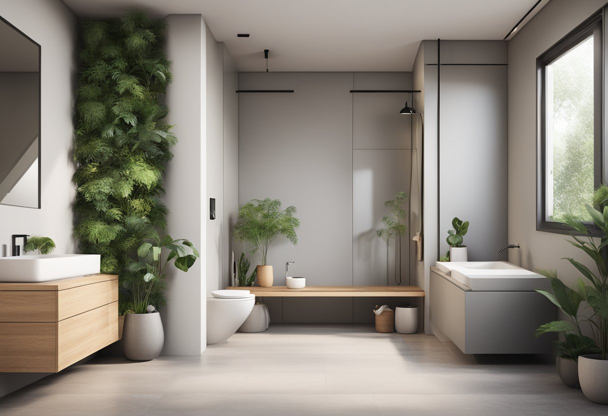 A sleek, modern toilet with water-saving features sits next to a stylish sink and eco-friendly shower. Green plants and natural materials add a touch of nature to the minimalist bathroom design