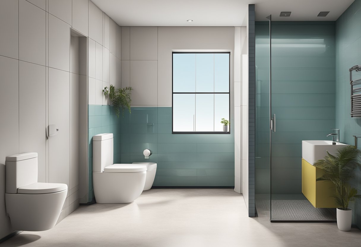 A bathroom with sleek, minimalist fixtures and clean lines. A modern toilet with unique design features. Text "Frequently Asked Questions A Beginners Guide to Modern Toilet Designs" displayed prominently