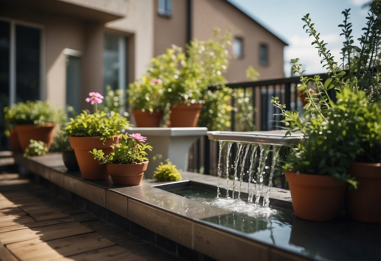 A small garden or balcony with water features and technical installations for water play