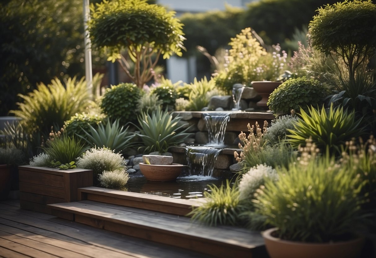 A small garden with a water feature being maintained and cared for, suitable for balconies