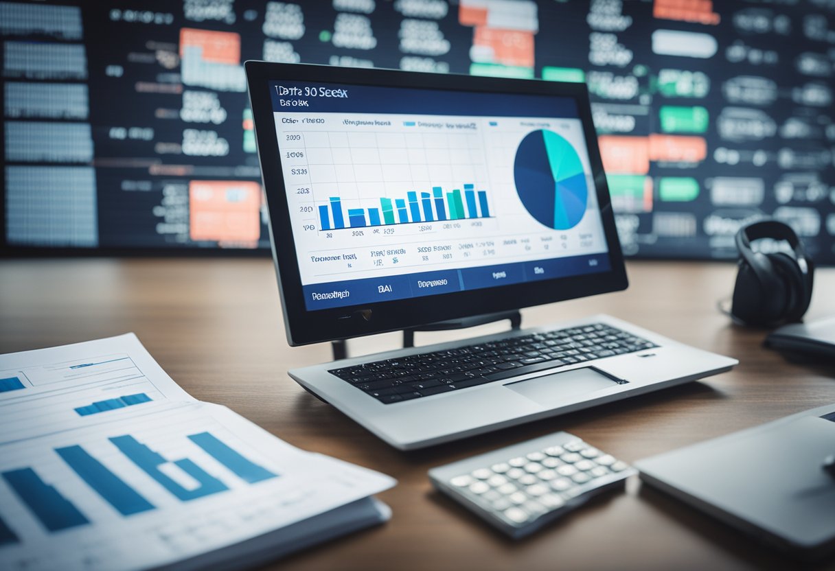 A computer screen displaying data charts and graphs related to text-to-video AI technology, with a calculator and financial documents nearby