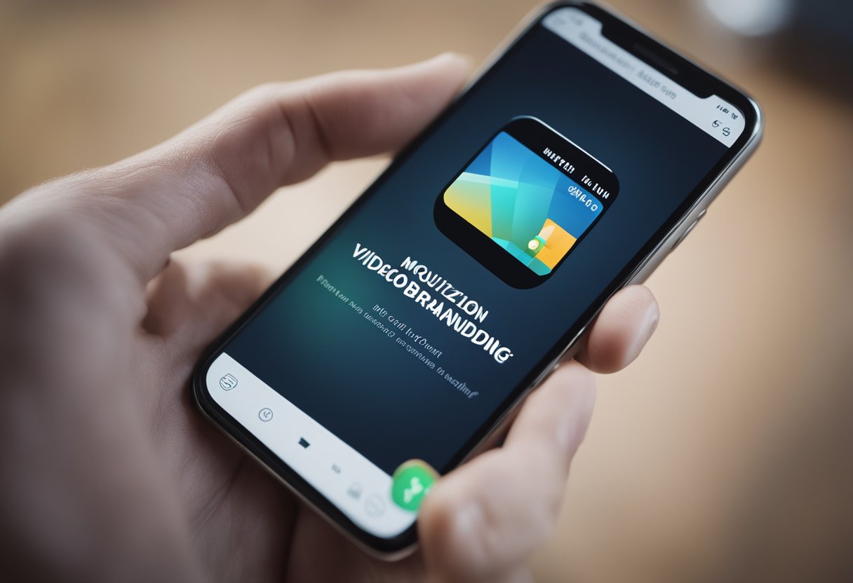 A smartphone displaying a video app with the text "Monetization and Branding with Video Content" on the screen