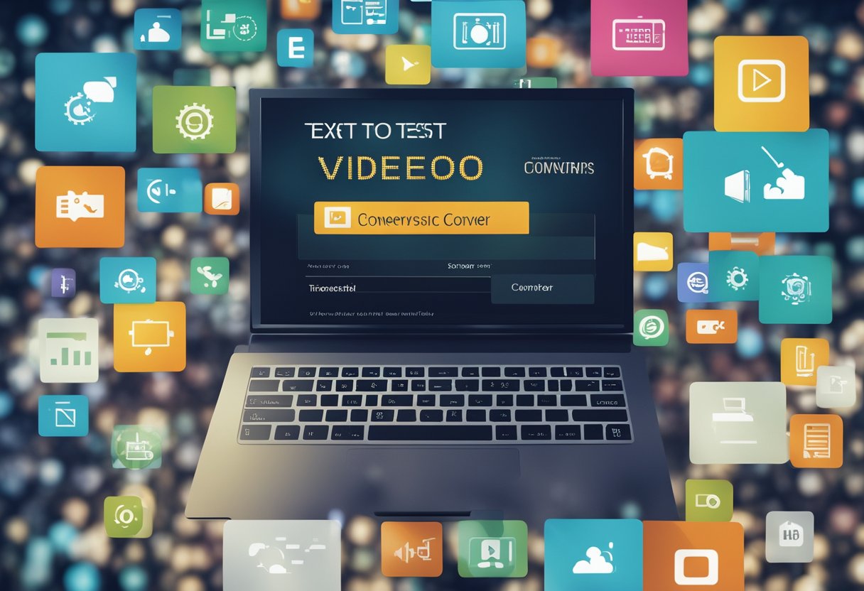 A computer screen displays a list of key features for text to video converters. Icons representing various conversion tools are scattered around the screen