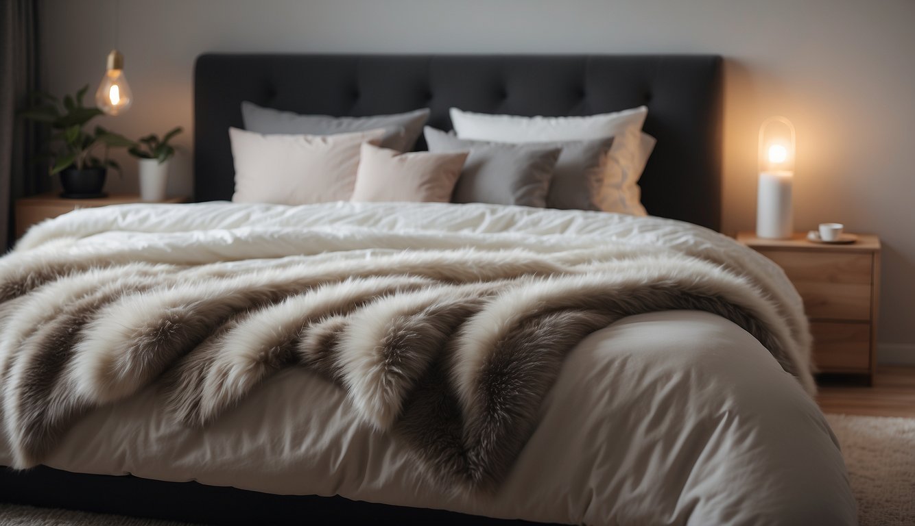 A cozy bed with a fluffy, hypoallergenic comforter in a clean, modern bedroom