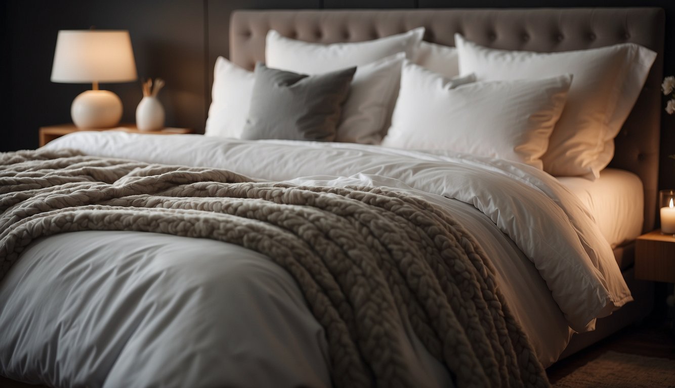 A cozy bed with a hypoallergenic comforter, surrounded by soft pillows and a warm, inviting atmosphere