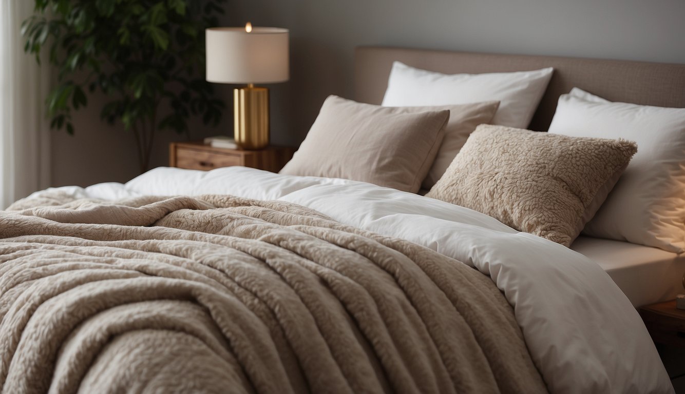 A cozy bedroom with a neatly made bed, featuring a fluffy hypoallergenic comforter in a soft, neutral color. The comforter is filled with plush, breathable material and is surrounded by decorative pillows