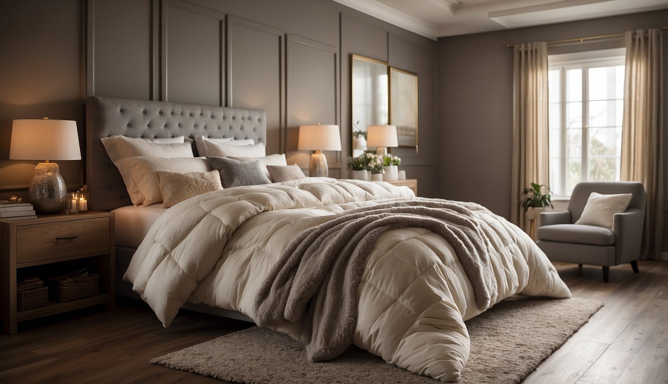 A cozy bedroom with a fluffy hypoallergenic comforter neatly spread over a plush bed, surrounded by soft pillows and a warm, inviting atmosphere