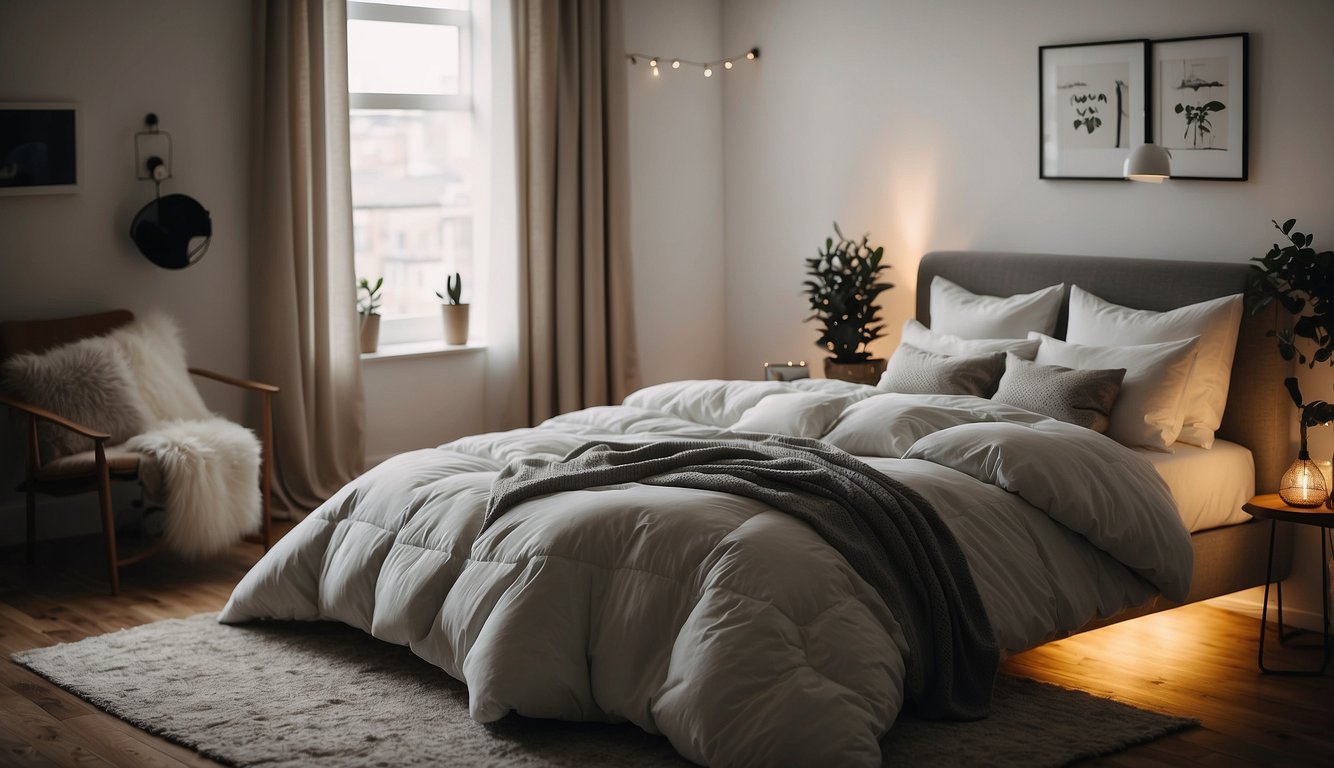 A cozy bedroom with a fluffy hypoallergenic comforter on a neatly made bed, surrounded by a few scattered pillows