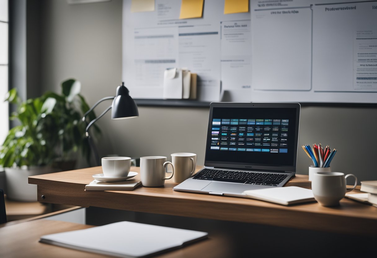 A desk with a computer, textbooks, and a notepad. A cup of coffee sits nearby. A blank whiteboard is on the wall