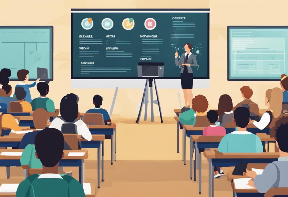 A classroom with a teacher at the front, presenting educational content on a screen, while students engage with the material on their devices