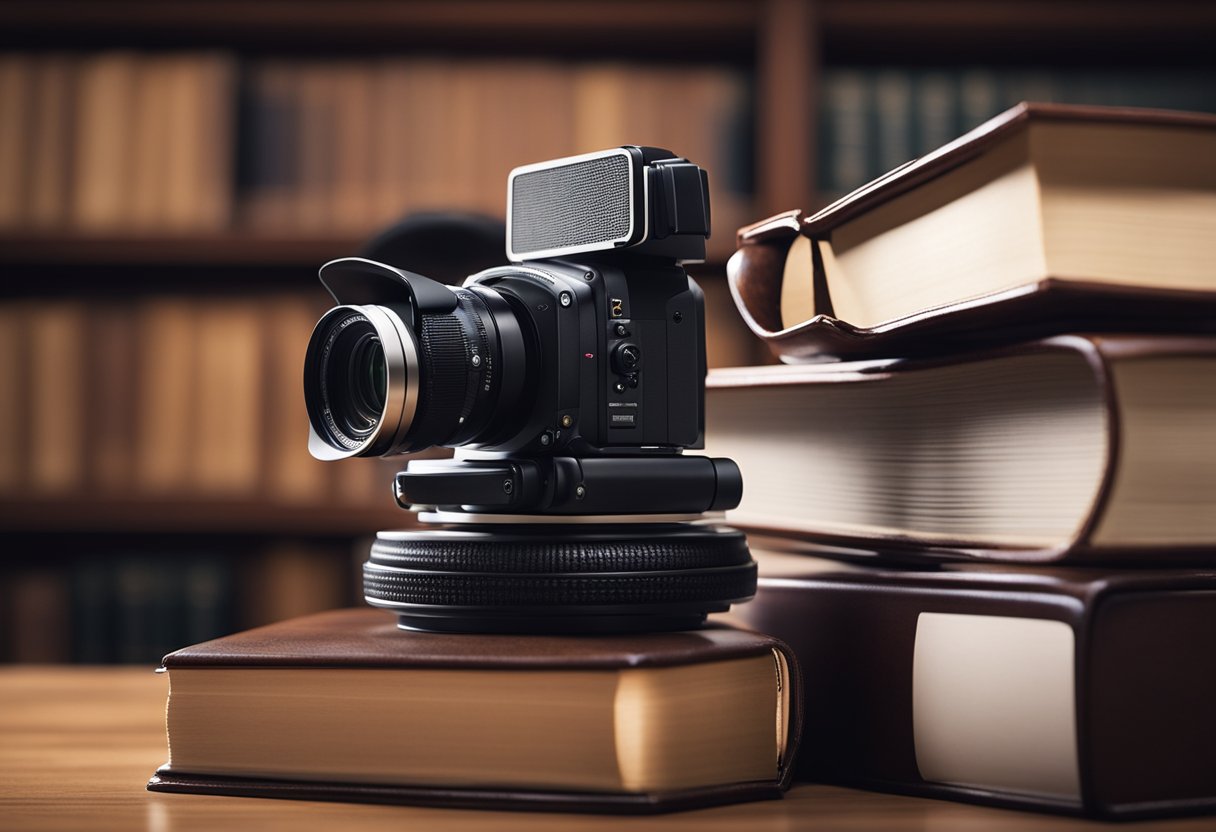 A stack of legal documents and a video camera on a desk, with a bookshelf of law books in the background