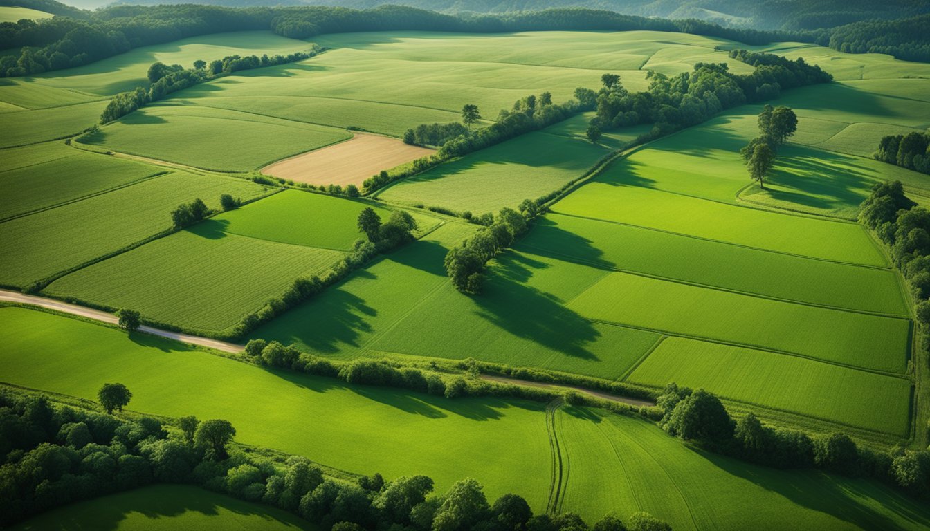 A vast landscape with fields, livestock, and trees interwoven seamlessly, illustrating the successful integration of crop-livestock-forest farming