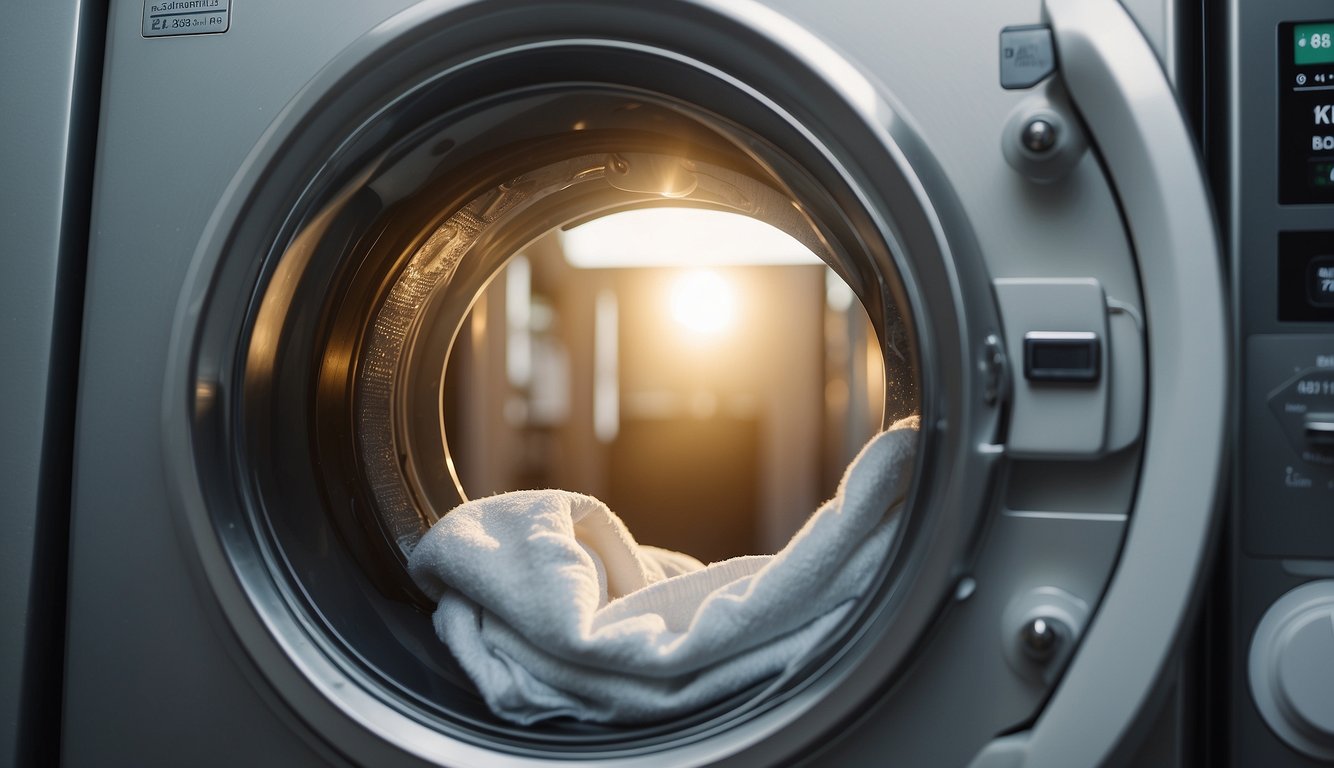 A large down comforter being placed in a front-loading washing machine, detergent being poured in, and the machine being turned on