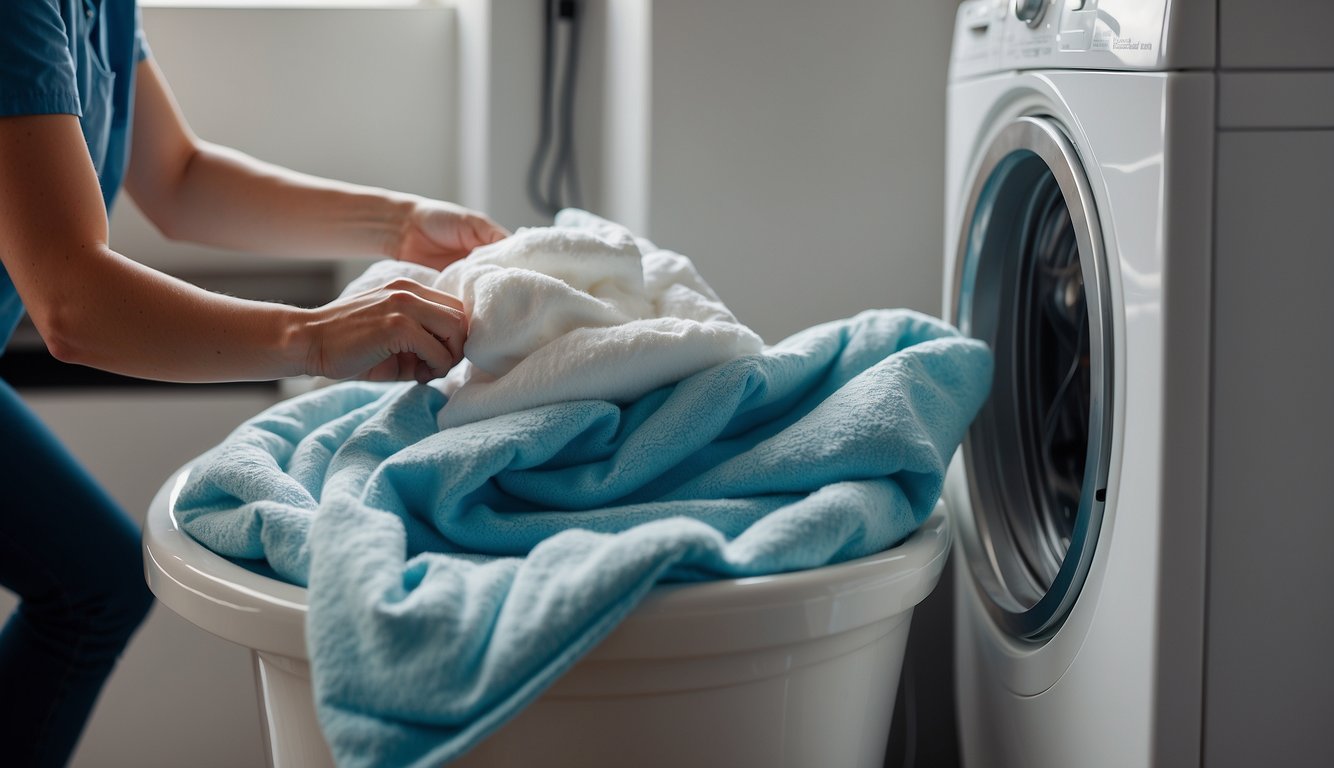 A down comforter being placed into a washing machine with detergent and set on a gentle cycle