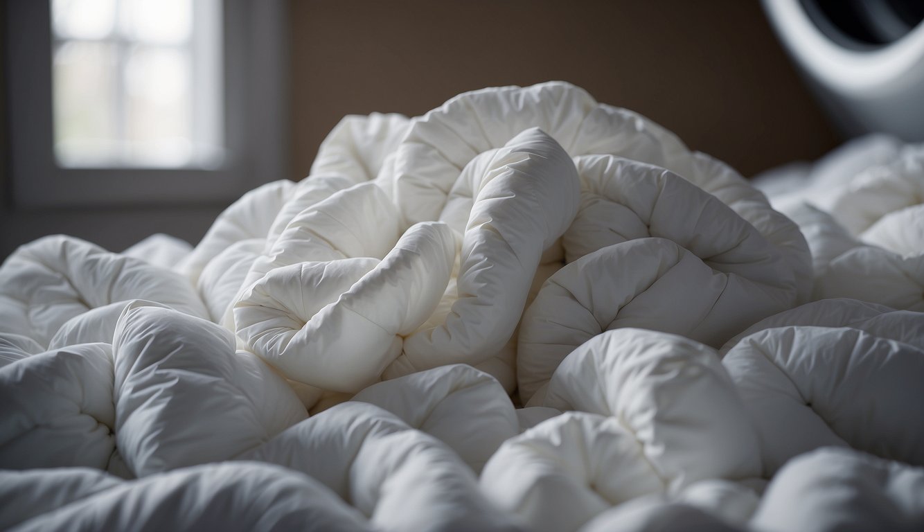 A down comforter is being fluffed and dried in a large dryer. The comforter is tumbling around as warm air circulates, causing the feathers to plump up