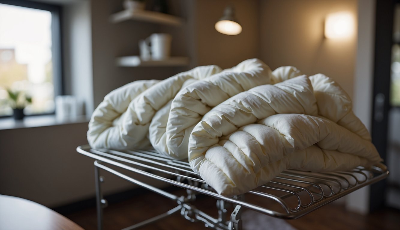 A down comforter being fluffed and aired out on a drying rack after being washed