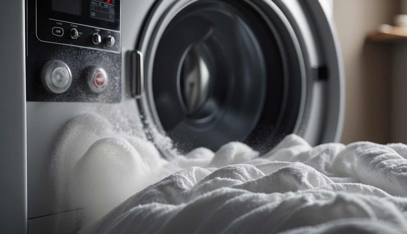 A down comforter being placed in a large washing machine, detergent being poured in, and the machine starting