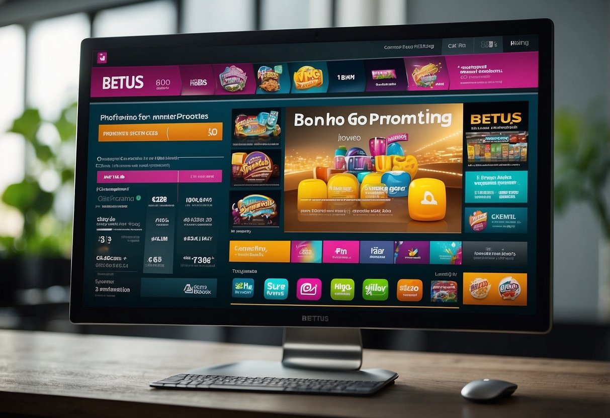 A computer screen displaying "Bonuses and Promotions" on the BetUS website, surrounded by colorful graphics and enticing offers