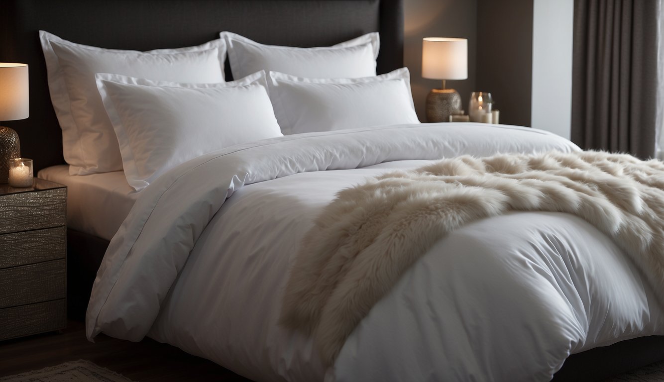 A bed with crisp, white luxury sheets, adorned with a fluffy duvet and plump pillows, surrounded by soft, ambient lighting