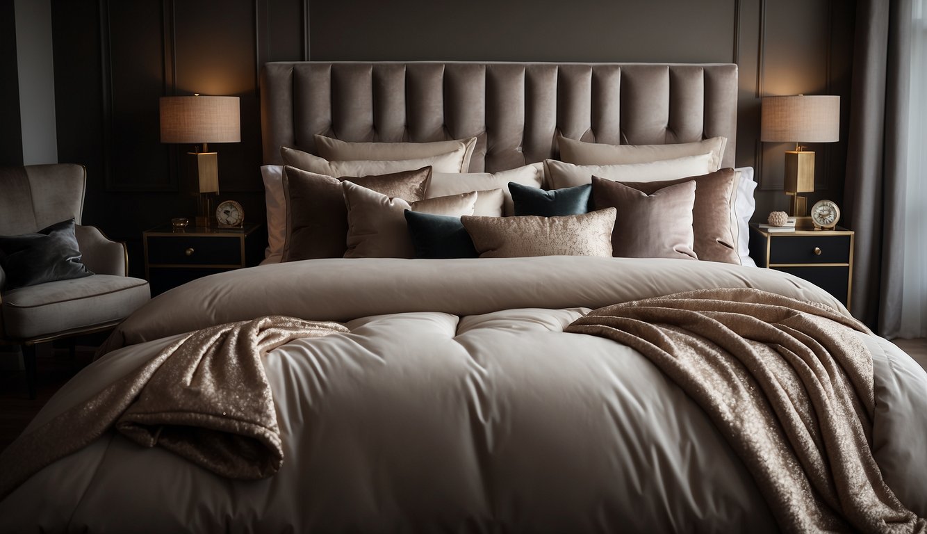 A lavish bed adorned with silky, opulent sheets, surrounded by plush pillows and a soft, inviting duvet