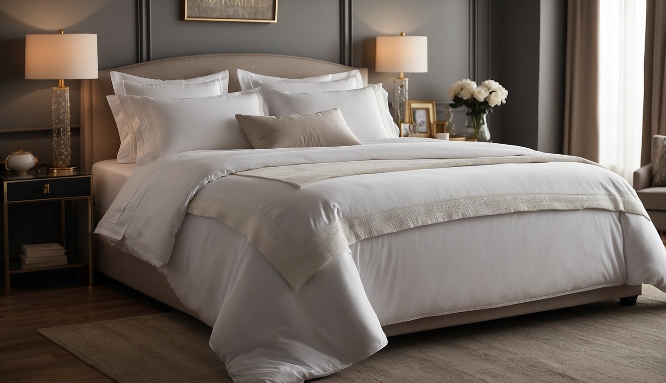 A bed with the finest luxury sheets, featuring a high thread count, smooth texture, and elegant design, draping over the mattress in a luxurious and inviting manner