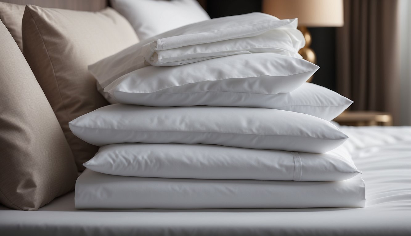 A bed with luxurious sheets neatly folded and stacked, with a label reading "Frequently Asked Questions: Best Luxury Sheets" nearby