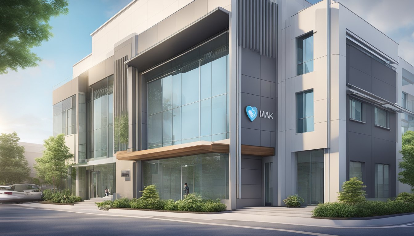 A modern clinic exterior with clear signage displaying "Mak Heart Clinic | SG Cardiologist." The building is well-lit and inviting, with visible contact information and operating hours
