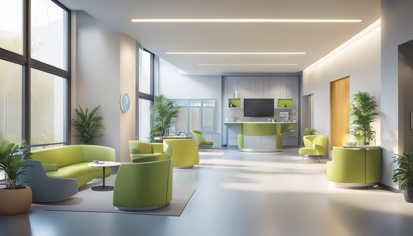 A modern clinic with a welcoming reception area, state-of-the-art medical equipment, and a calming atmosphere