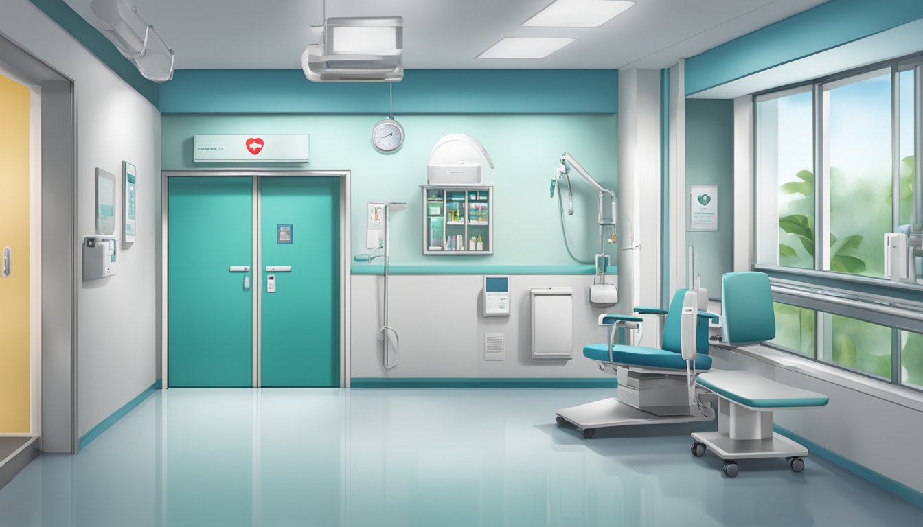 A modern clinic with Dr. Ng Kheng Siang's name on the door, a heart symbol, and medical equipment neatly arranged